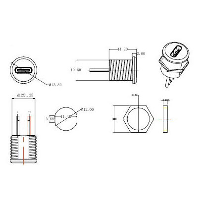 Гнездо USB Type-C 2pin с проводом 150mm White