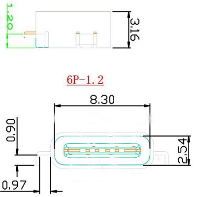 Гнездо USB Type-C 6pin t=1.2mm угловое C-21