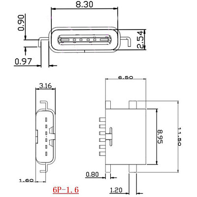 Гнездо USB Type-C 6pin t=1.6mm угловое C-22