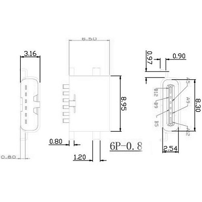 Гнездо USB Type-C 6pin t=0.8mm угловое C-20