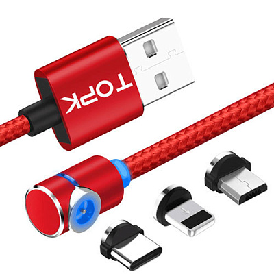 USB кабель магнитный угловой TOPK-MICRO RED