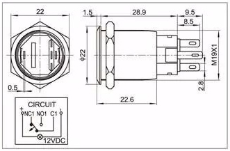Кнопка антивандальна HQ19N/F11-24V-G