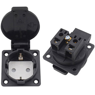 Розетка E-013 Black з кришкою rev.2 IP44