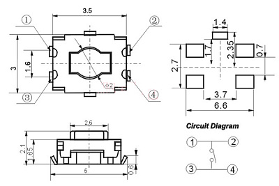 Кнопка SMD TS-A015 (3.5*3.0*2.0H)