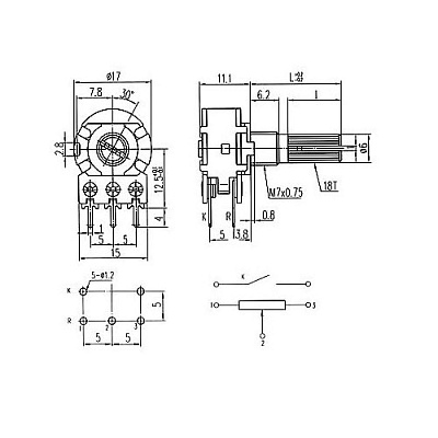 Потенціометр R16100NS-B10K-20mm