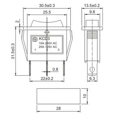 Перемикач KCD3-103 RED 15A-20A, 3 pin