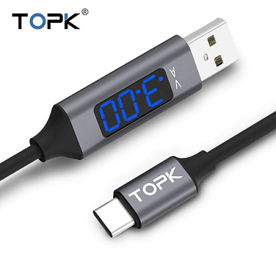USB кабель с индикацией TOPK-TYPE-C / BLK / BLUE