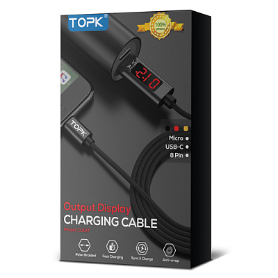 USB кабель с индикацией TOPK-TYPE-C / BLK / BLUE