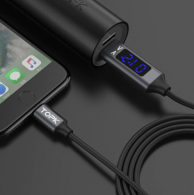 USB кабель з індикацією TOPK-TYPE-C/BLK/BLUE