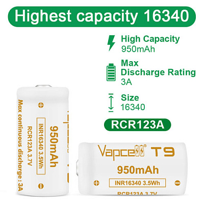 Акумулятор Vapcell T9 16340/CR123 950mAh