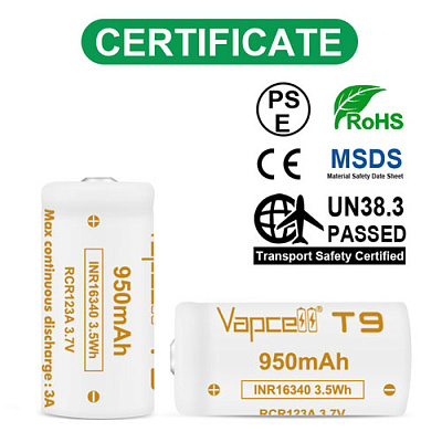 Аккумулятор Vapcell T9 16340/CR123 950mAh