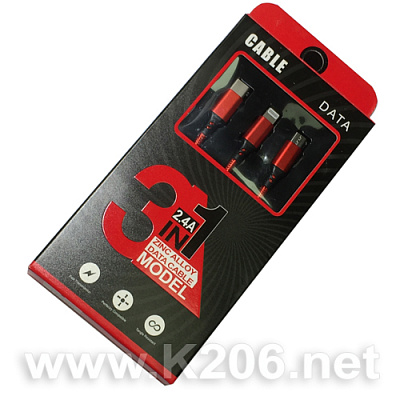 USB кабель 3-in-1 1.2m-RED /Нейлон/