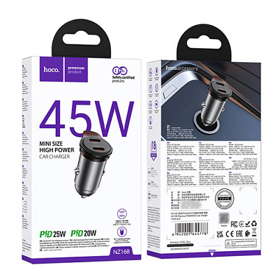 АЗП 12-24V Hoco NZ16B 2xUSB 45W Grey
