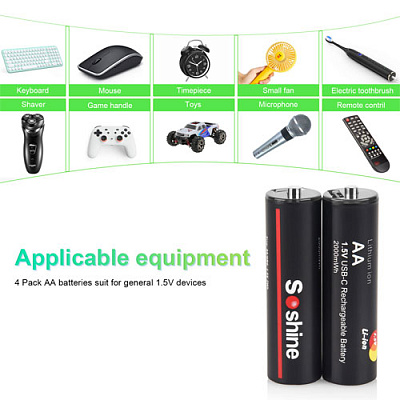 Аккумулятор AA Li-Ion Soshine 1.5V 2000mWh Protected USB Type-C