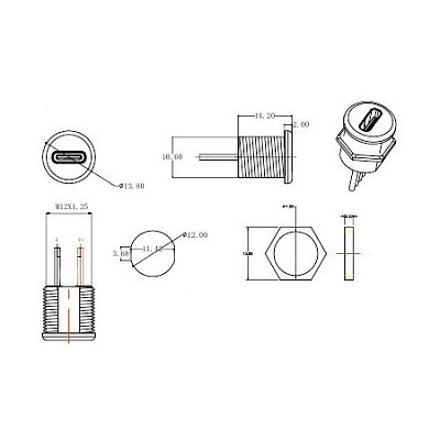 Гнездо USB Type-C 2pin с проводом L=100mm