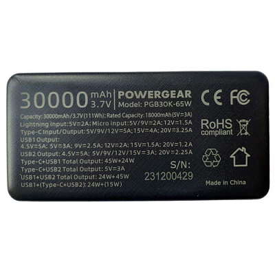 Power Bank POWERGEAR 30000mAh 65W Black
