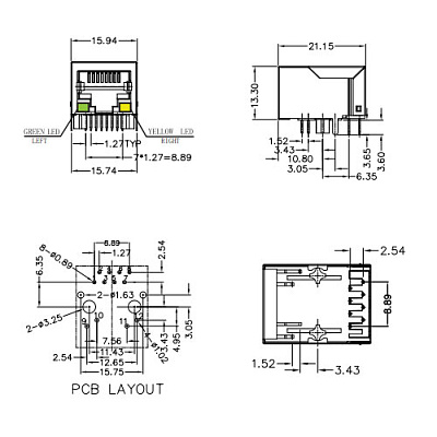 Розетка RJ45 8P8C + Y/G LED 12 pin